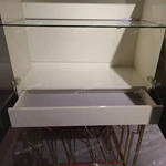 Natural Wood Veneer Tall Sideboard with Gold-Tone Stainless Steel Inlays, Glass Shelf and Geometric Open-Frame Base